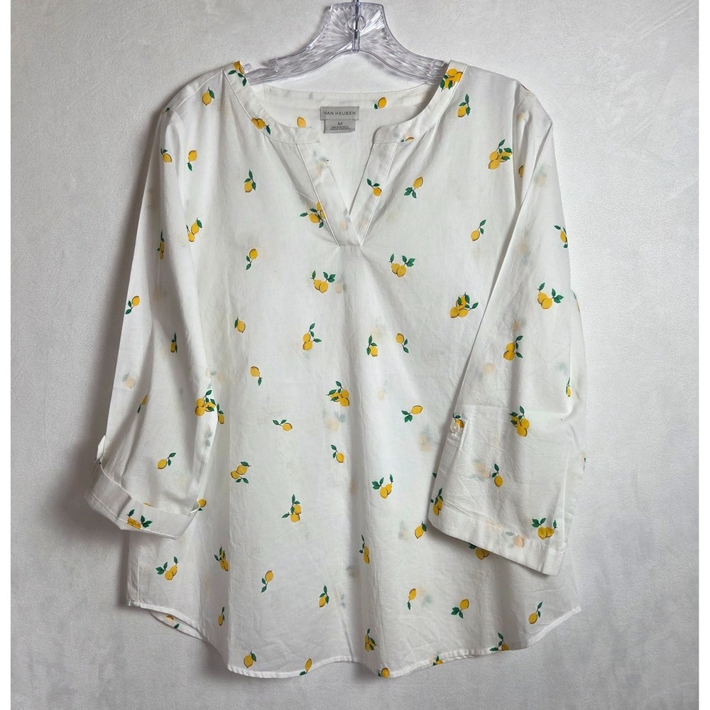 Van Heusen Women Medium 100% Cotton Lemon Print Top Summer Euro Vacation Fruit
